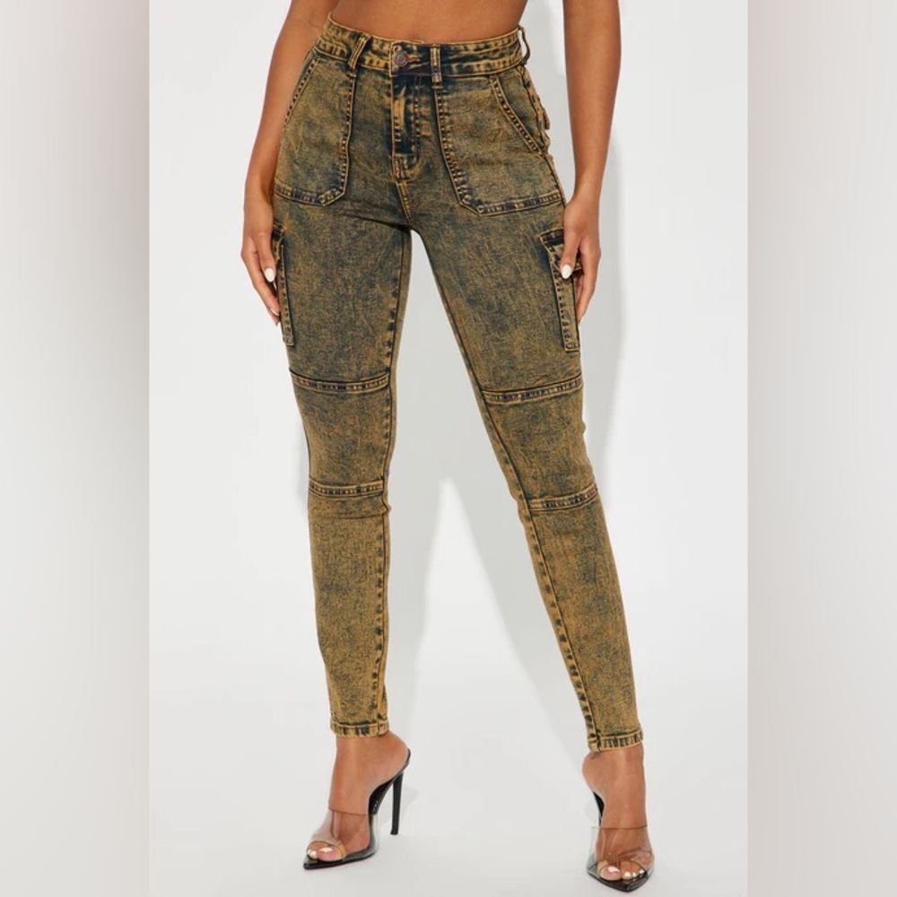 Fashion Nova Jallisa Stretch Acid Wash Cargo Skinny Jeans – Orange (Size 5)